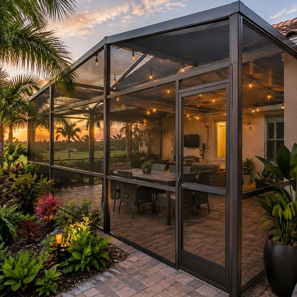 Screened patio enclosure with outdoor dining area at dusk