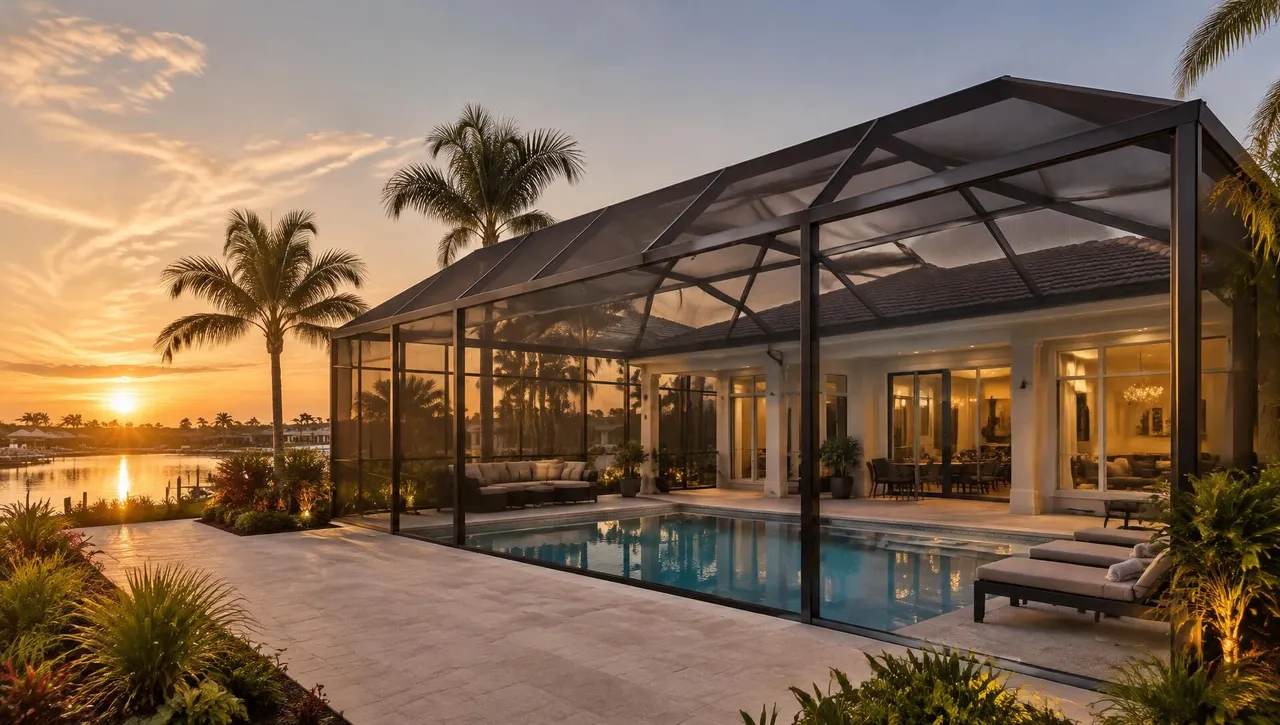 Screened pool cage enclosure at sunset on a Venice, FL waterfront home