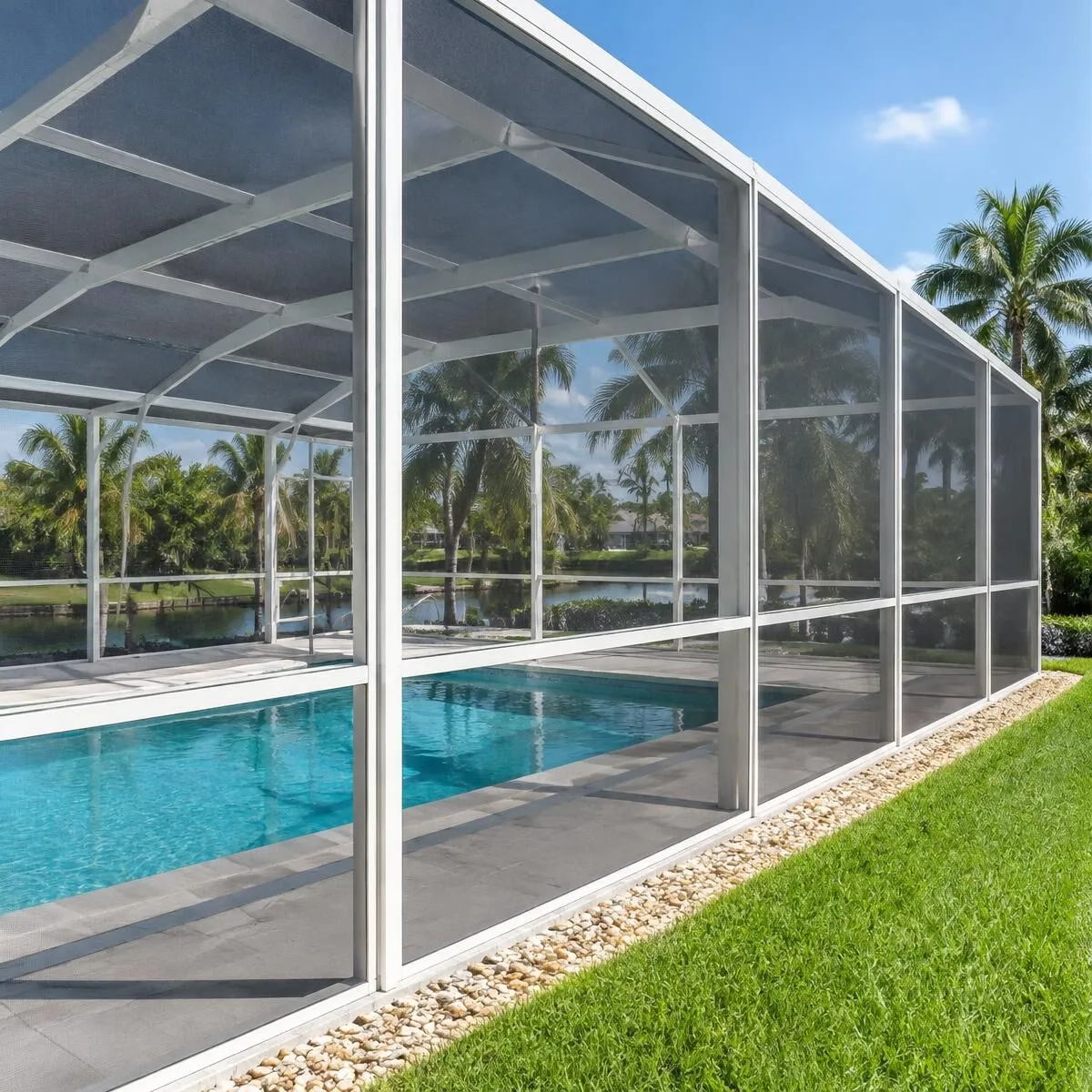 Pool cage with fresh, uniform screen panels after full rescreening