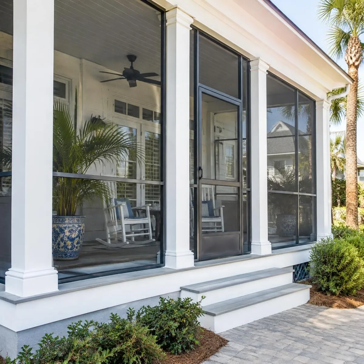 Screened front porch enclosure on a coastal Florida home